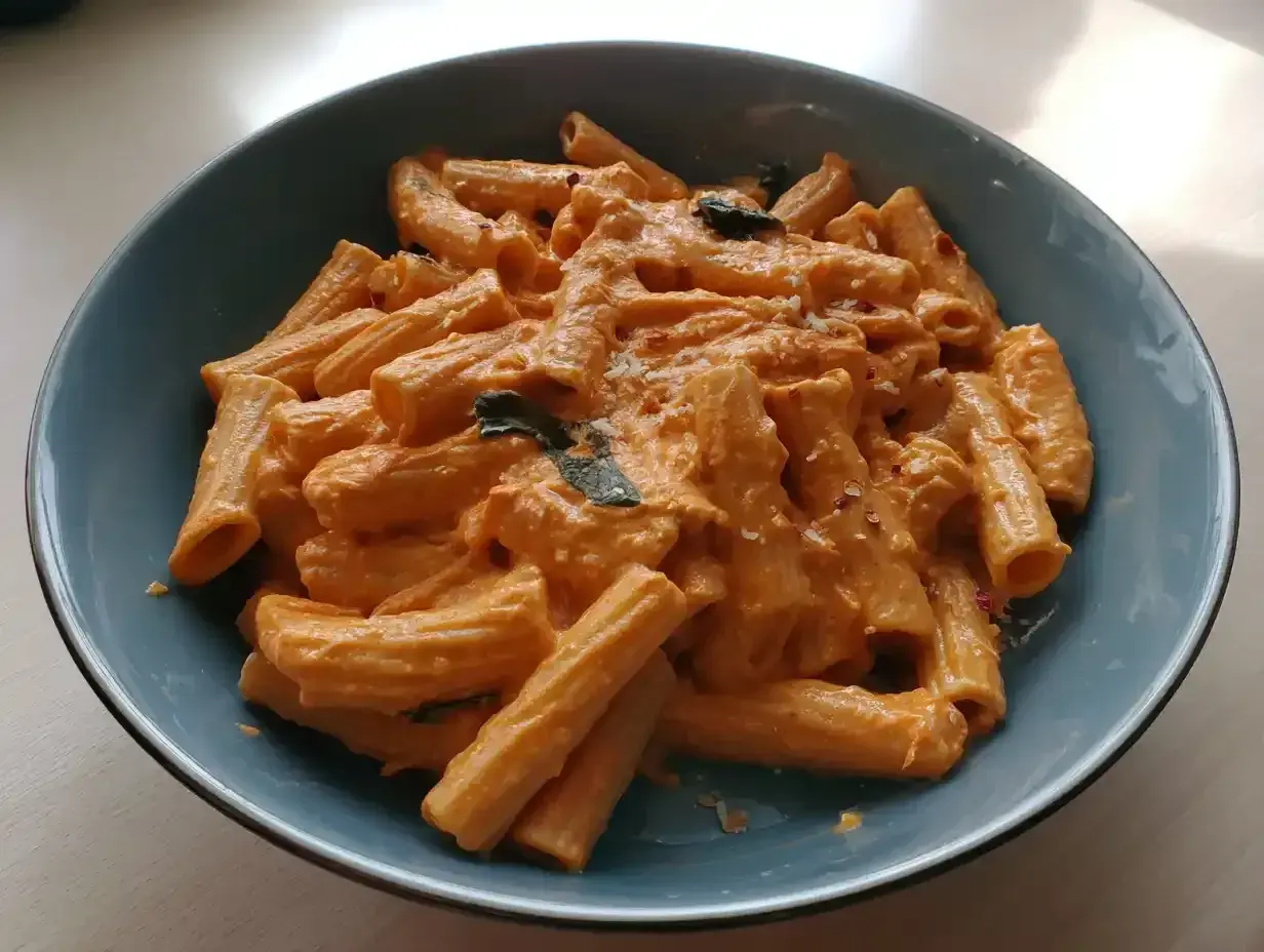 En krämig pasta med en härlig tomatsås, perfekt för ett snabbt vodka pasta recept. Toppad med chili och parmesan.