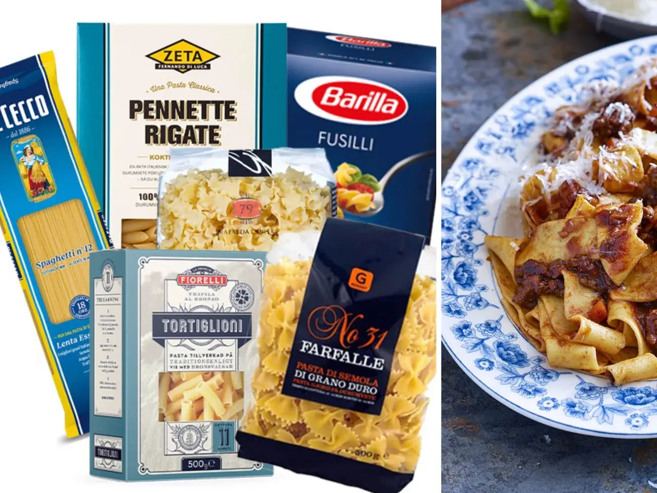 Olika pastasorter som spaghetti, pennette rigate, fusilli, tortiglioni och farfalle. En tallrik med färdiglagad pasta med köttfärssås syns också.
