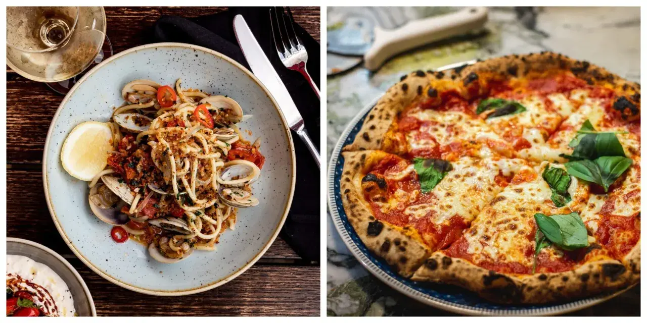 En tallrik spaghetti med musslor och en klassisk italiensk pizza med basilika.