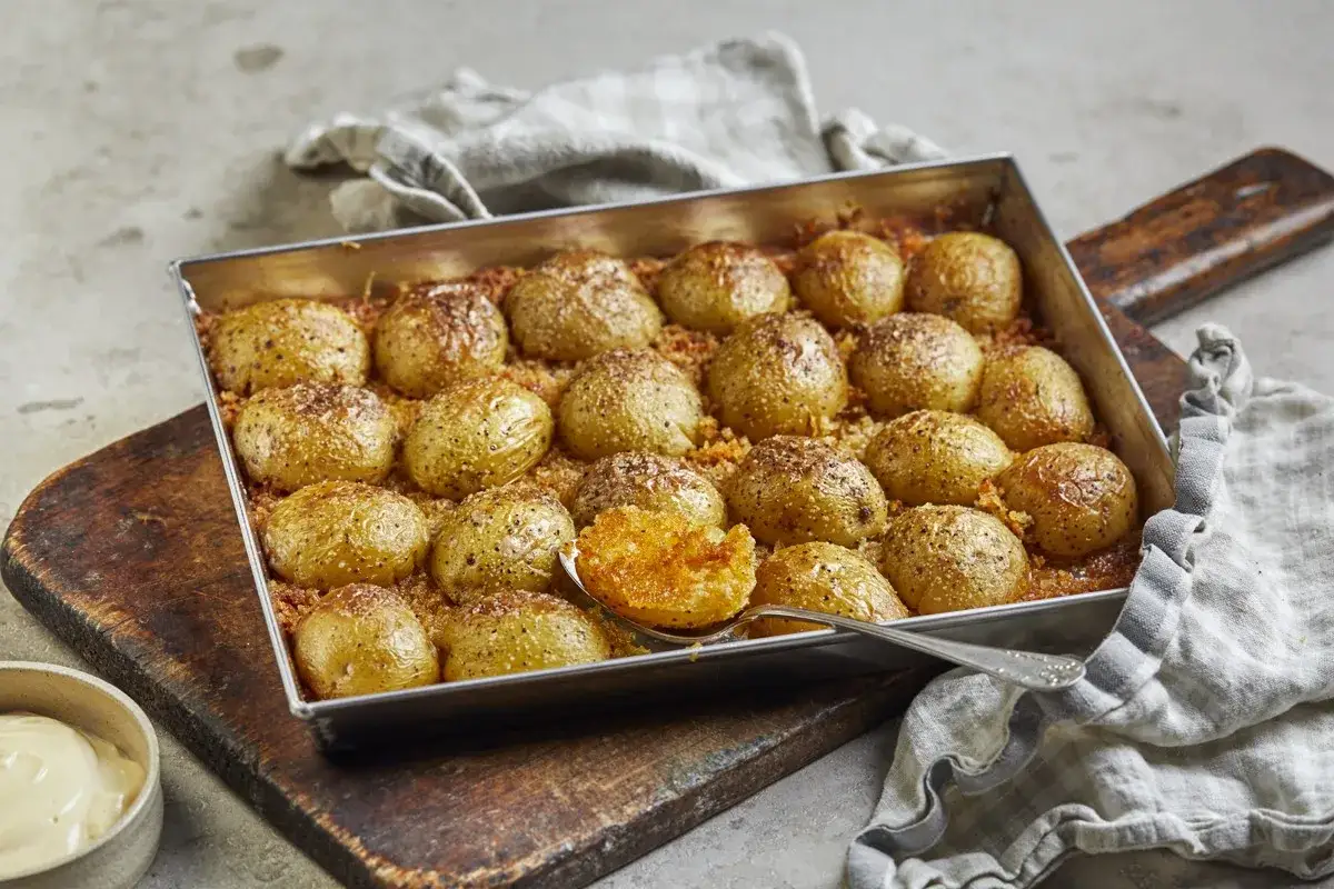 Ugnsbakade, krossade potatisar med parmesan och örter, redo att serveras. En härlig rätt som passar till det mesta.