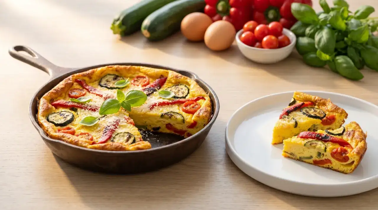 En gyllene frittata i ugn med zucchini, tomater och paprika, toppad med färsk basilika och parmesan. Serverad i gjutjärnspanna och på en tallrik.