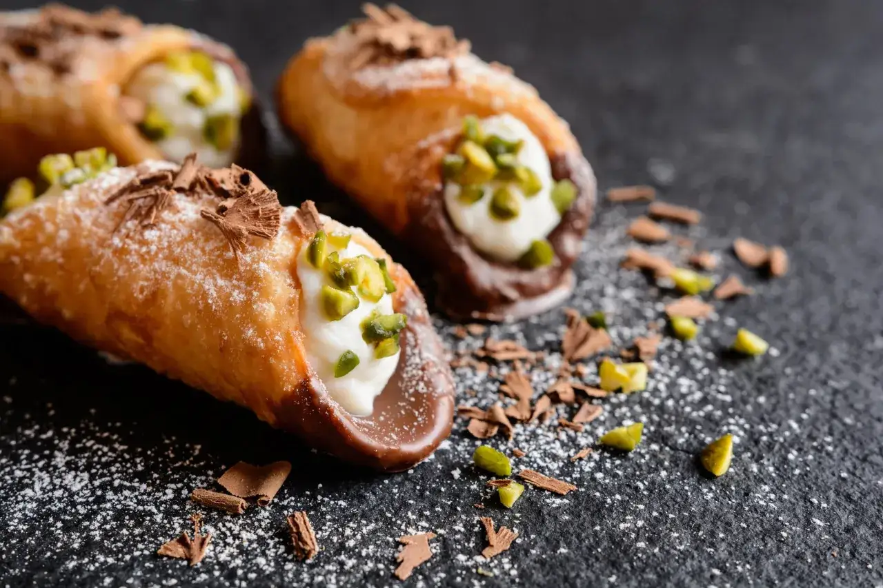 Tre läckra cannoli med choklad och pistage, perfekt för ett hemmagjort cannoli recept. Strösslade med florsocker och chokladspån.