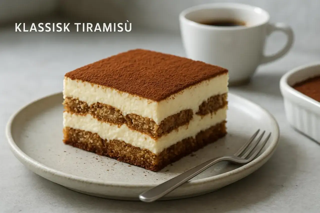 Klassisk tiramisù på en tallrik, perfekt för ett enkelt tiramisu recept. En kopp kaffe i bakgrunden.