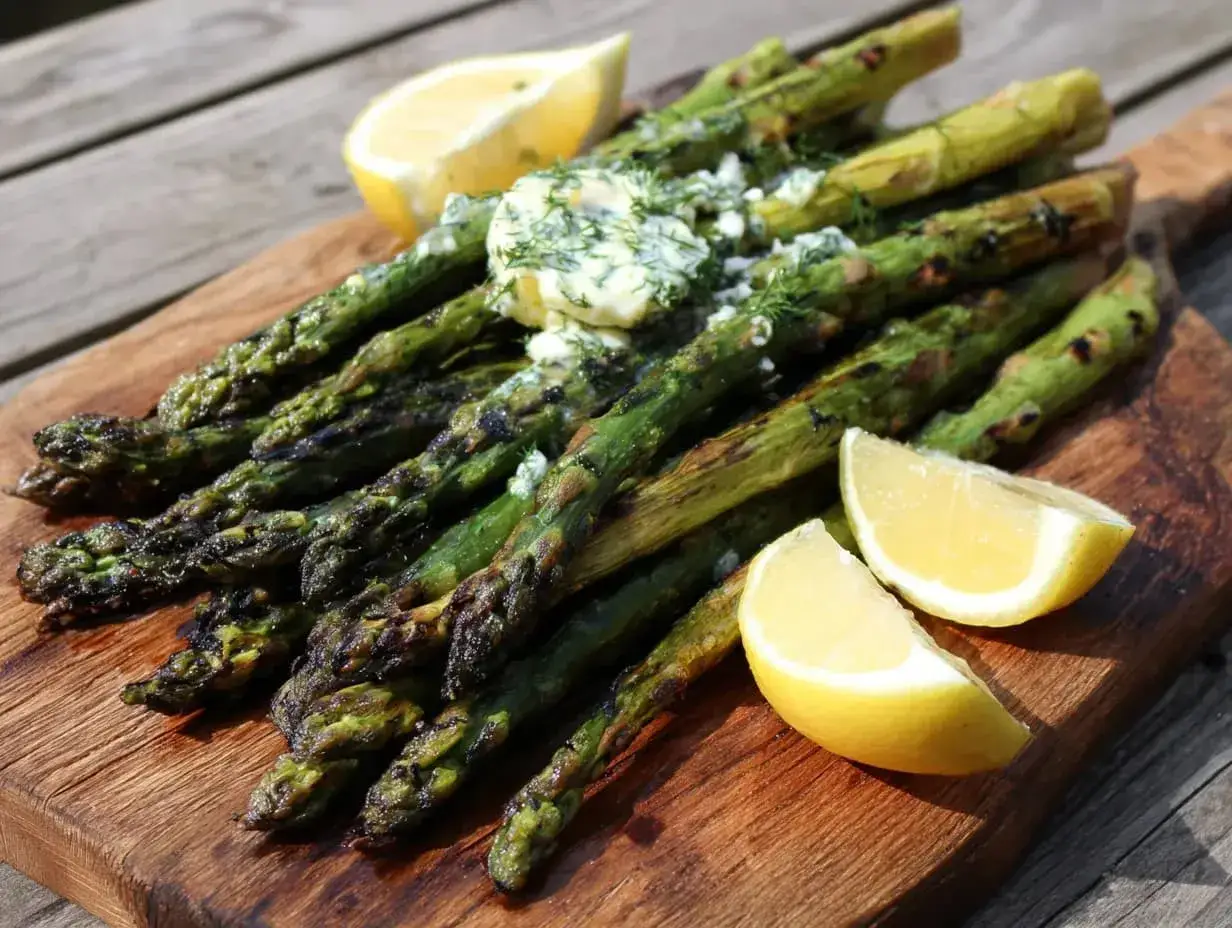 Grilla sparris med smör och dill, serverad med citronklyftor på en träskärbräda. Perfekt sommarmat!