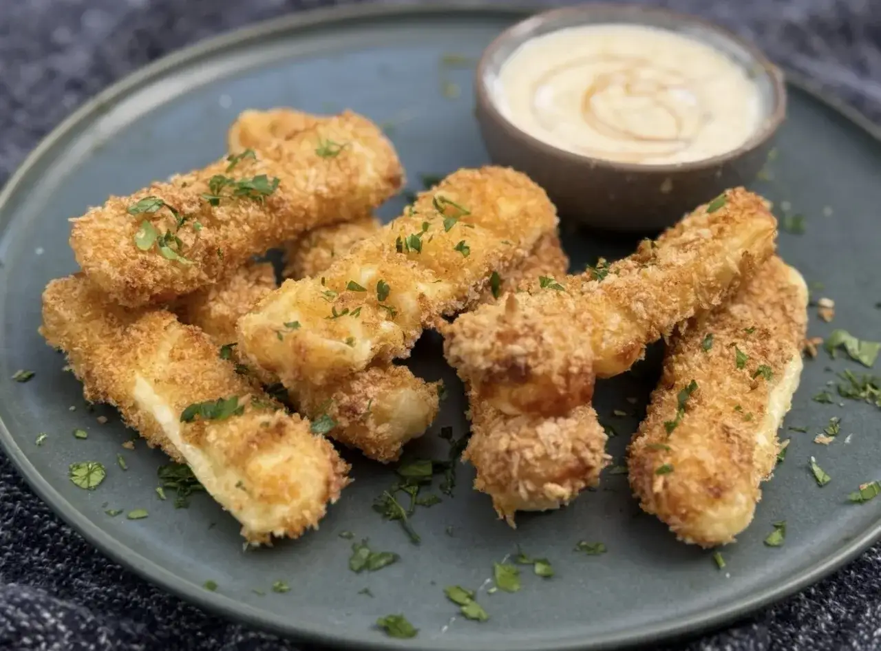 Krispiga halloumi fries med persilja, serverade med en krämig dipp. Perfekt som tilltugg!