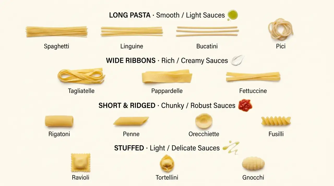 En översikt över olika pastasorter: långa, breda band, korta och räfflade, samt fyllda. Perfekt för att välja rätt pasta till din sås.
