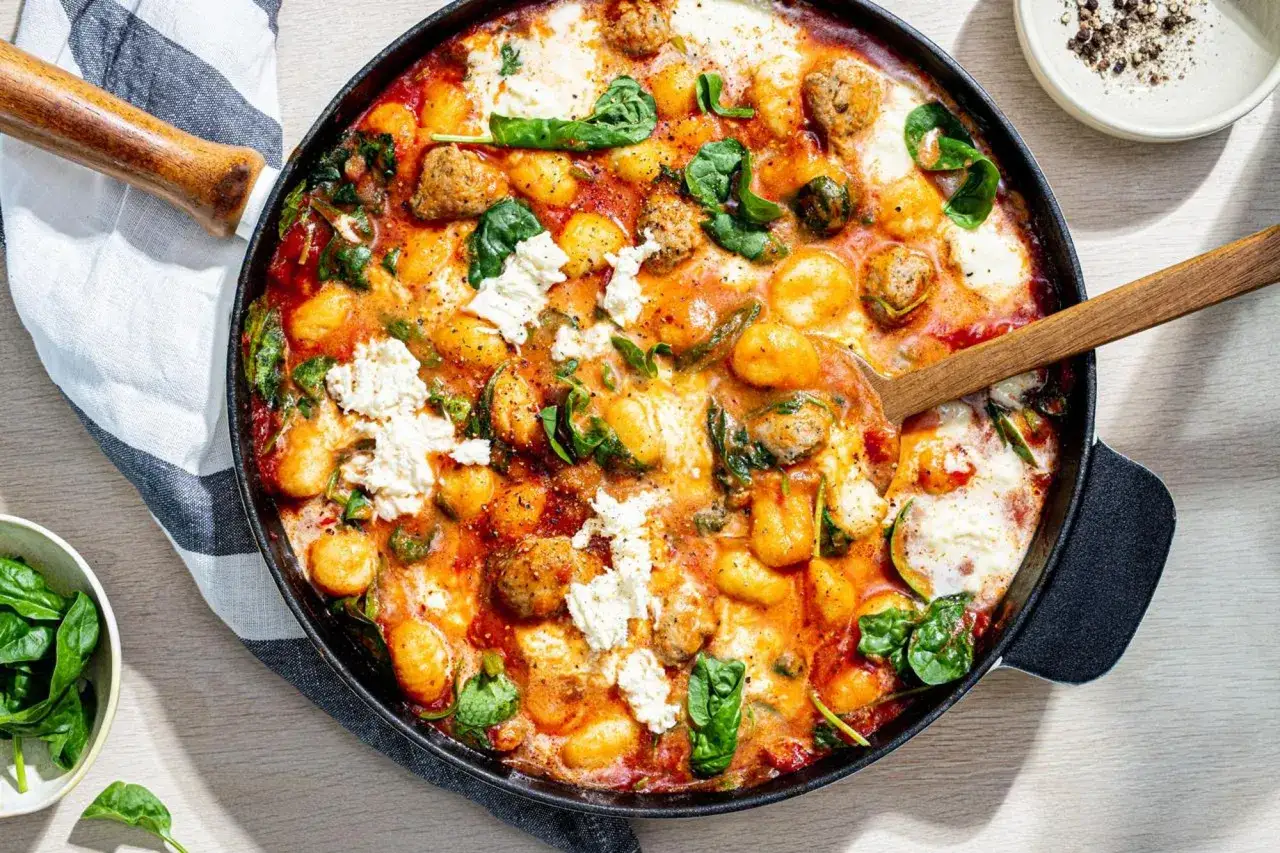 En panna med krämig gnocchi salsiccia, spenat och ricotta. En härlig middag som ser fantastisk ut.