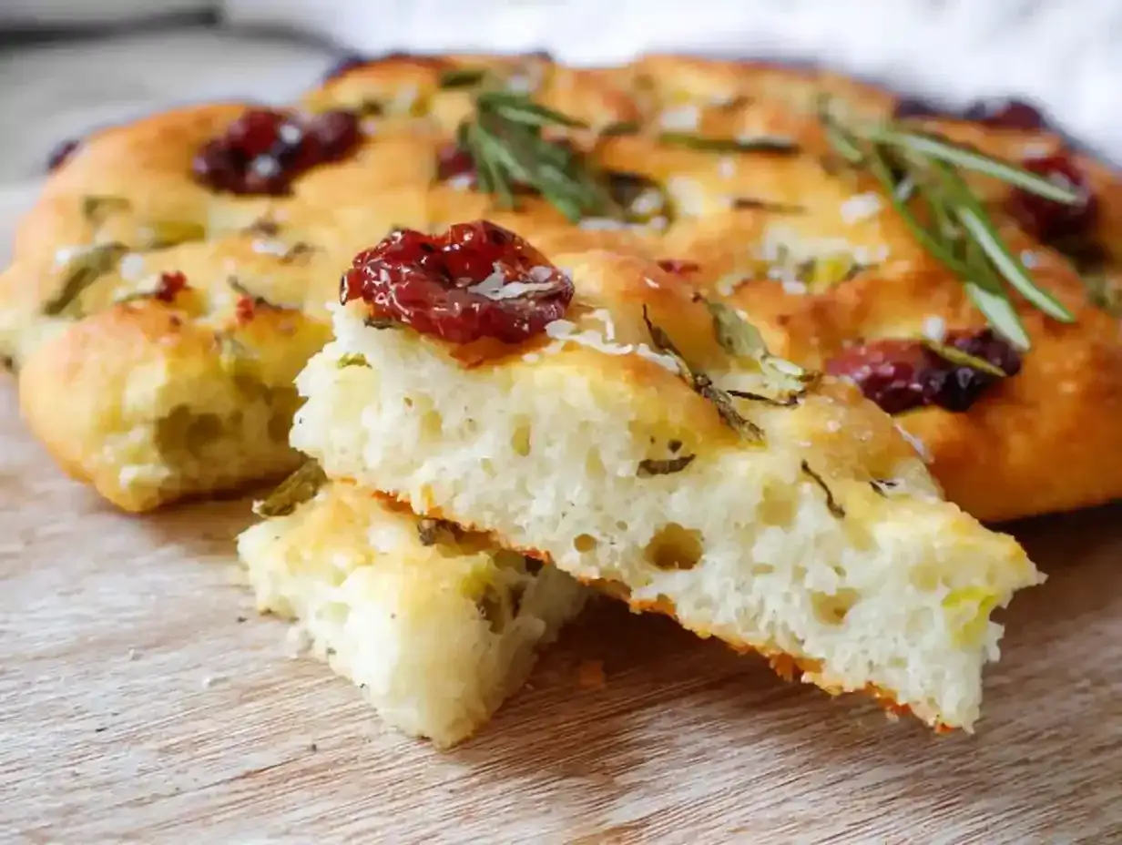 En fluffig focaccia med soltorkade tomater och rosmarin, perfekt för en mysig fika.
