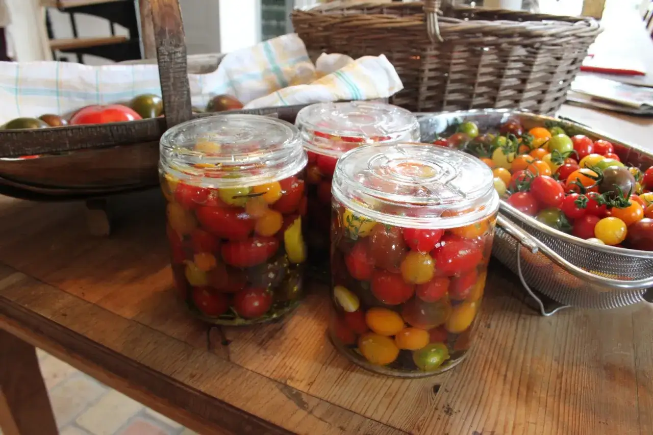 Burkar med inlagda tomater i olika färger. En korg med färska tomater står bakom.