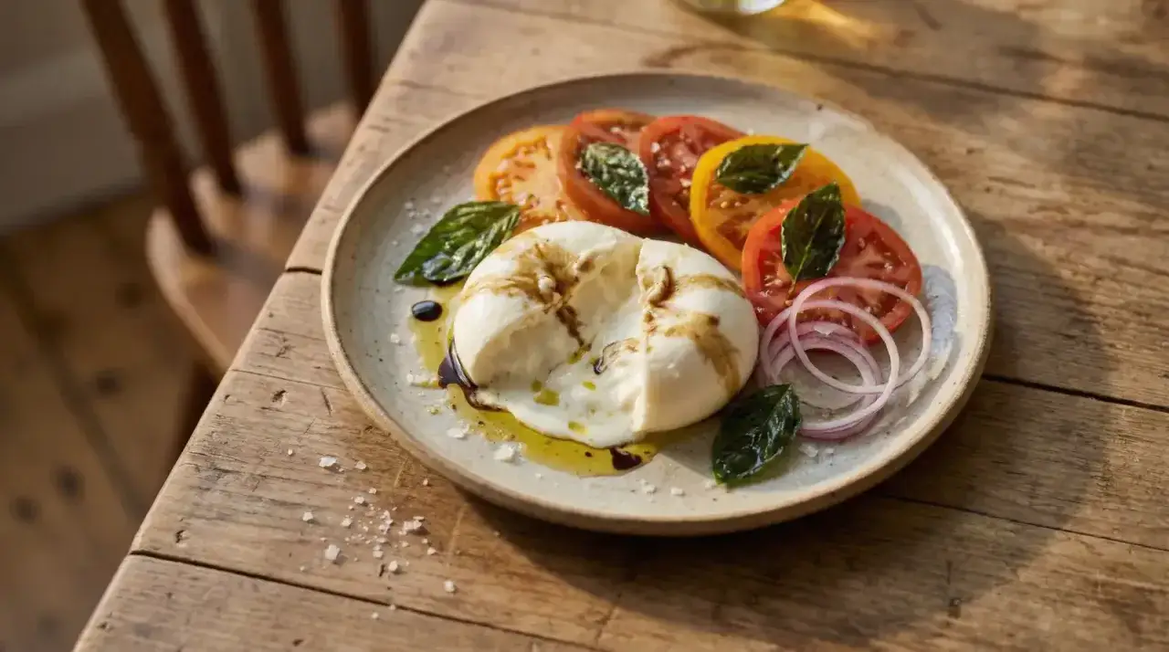 En krämig italiensk ost burrata serveras med skivade tomater, rödlök och färsk basilika på en rustik tallrik.