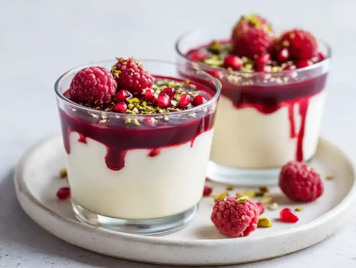 Två glas med krämig panna cotta, toppad med hallon, granatäppelkärnor och hackade pistagenötter. En härlig dessert!