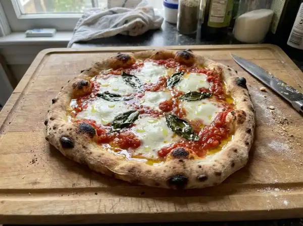 En perfekt napolitansk pizza med bubblig kant, smält mozzarella och färsk basilika på en träskärbräda.