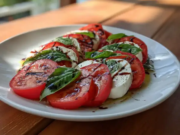 En klassisk caprese med saftiga tomater, krämig mozzarella och färsk basilika, ringlad med balsamico. Ett enkelt och gott caprese recept.