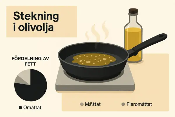 Stekning i olivolja. En stekpanna med bubblande olja och en flaska olivolja bredvid. Diagram visar fördelning av fett.