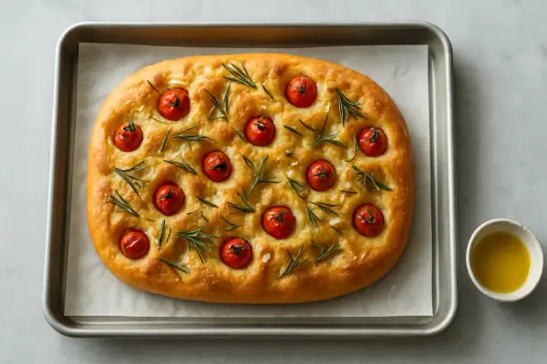 En gyllene focaccia med körsbärstomater och rosmarin på en plåt. Perfekt för ditt nästa focaccia recept.