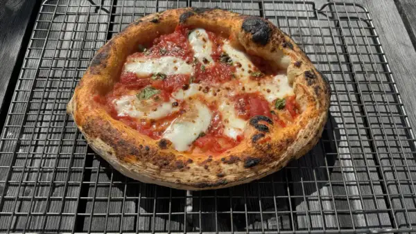 En perfekt napolitansk pizza, nybakad i ugnen, vilar på ett galler. Den har en bubblig, lätt bränd kant och är täckt av tomatsås och smält mozzarella.