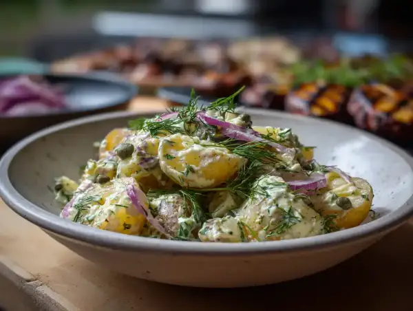 En krämig potatissallad med kapris, dill och rödlök, perfekt till grillat.