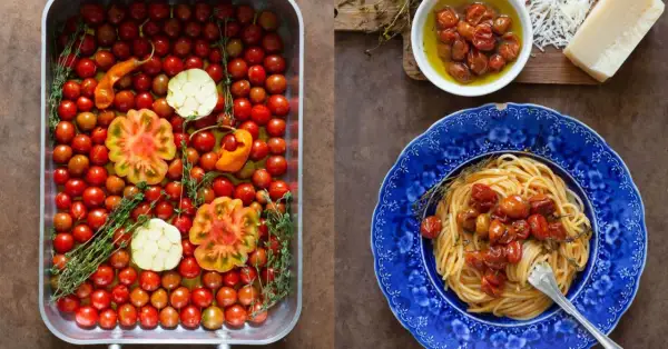 En ugnsform fylld med körsbärstomater, vitlök och örter. Bredvid en blå tallrik med spaghetti och **confiterade tomater**.