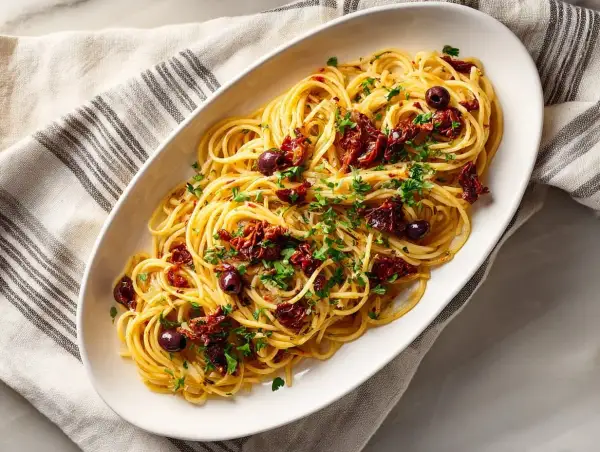 En skål med spaghetti puttanesca, toppad med soltorkade tomater, oliver och persilja.