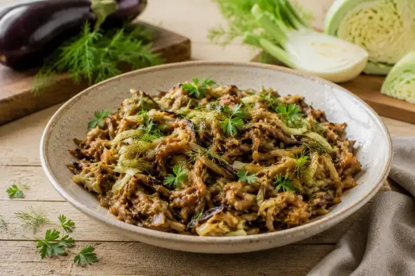 En skål med mustig pulled aubergine, toppad med färska örter och fänkål. En härlig vegetarisk rätt.
