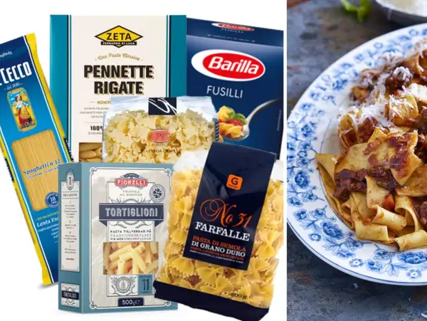 Olika pastasorter som spaghetti, pennette rigate, fusilli, tortiglioni och farfalle. En tallrik med färdiglagad pasta med köttfärssås syns också.